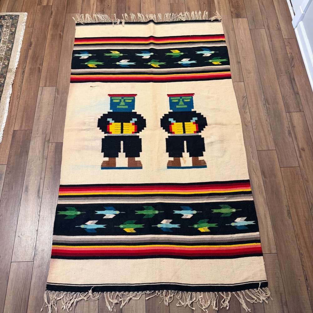 Vintage Zapotec Mexican Wool Rug Handwoven Pictorial Figural Birds 48x80 Oaxacan - Picture 3 of 9
